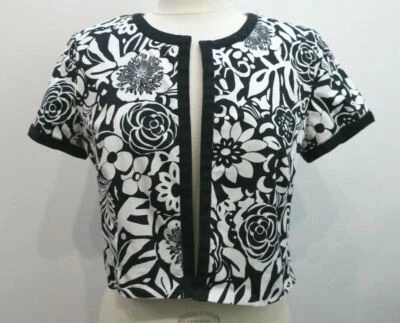 Studio I Womens Black White Floral Print Short Sleeve Open Front Crop Jacket 10 - Image 1 of 4