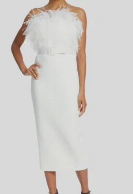 $640 Badgley Mischka Womens Ivory Strapless Feather Belted Pencil Dress Size 8 - Image 1 of 3