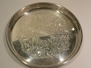 England Silverplate Round Serving Tray, Reticulated Band, Flower and Scroll - Picture 1 of 6