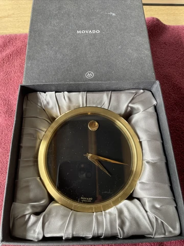 German Movado Brass Quartz Angled Brushed Brass Heavy Desk Clock TGO 113M Tested Cover