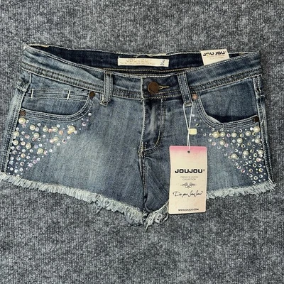 Vintage Joujou Y2K NWT Denim Mini Shorts Rhinestones Bedazzled Size 3 00s 90s - Image 1 of 4