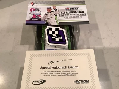 AJ ALLMENDINGER 亲笔签名 2022 年 NUTRIEN CHARLOTTE ROVAL 获胜压铸带真品证书和卡 — 第 1/4 张图片