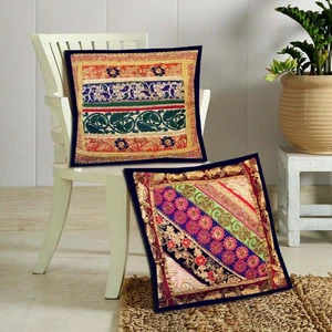 16"-SET OF 2 PC HEAVILY BEAD KUNDAN SQUN SARI FLOOR THROW CUSHION PILLOW COVERS - Bild 1 von 14