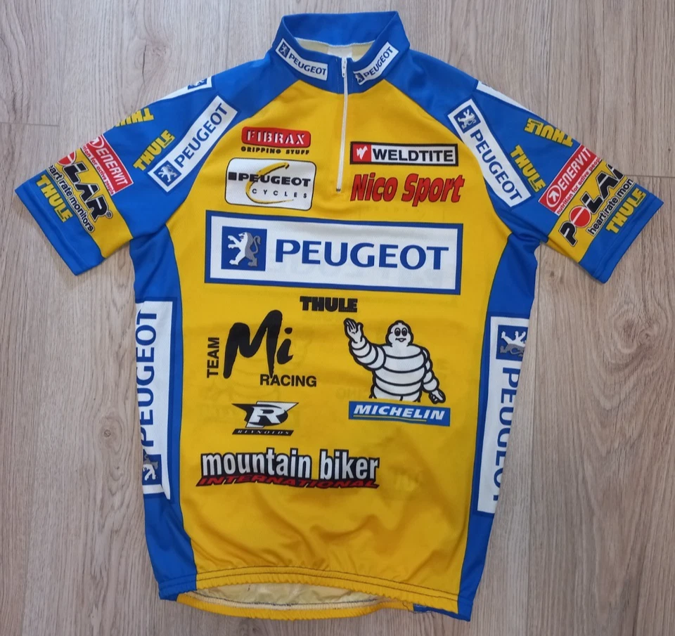 Maillot de ciclismo vintage Peugeot Michelin THULE Mi Racing amarillo/azul años 90 Foto 1 de 4