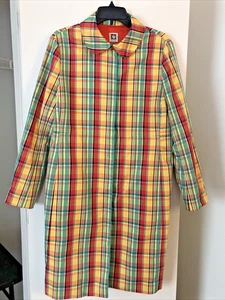 Anne Klein Trench Coat Women's 14 Plaid Long Sleeve Red Orange Yellow Green Blue - Picture 1 of 8