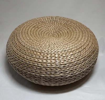 Woven Rattan Round Pouf Ottoman Foot Stool Wire Frame Natural 15” x 6” Boho - Image 1 of 4