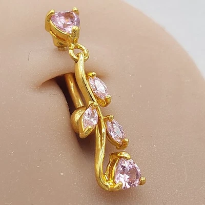 Belly Bars Button Piercing Bar Dangle Navel Body Jewellery Gem Ring Gold Leaf - Image 1 of 4