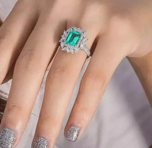 3.10 Ct Natural Emerald Diamond Engagement Wedding Ring 14K White Gold Size 8 - Picture 1 of 7