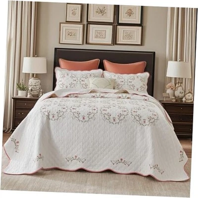  Bordado California King 100 % algodón de gran tamaño 120"x120" blanco/rosa Foto 1 de 4