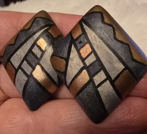 Vintage Ohrringe handbemalt 70er Jahre geometrisch Holz Südwesten Art Deco Stil MCM - Bild 1 von 9
