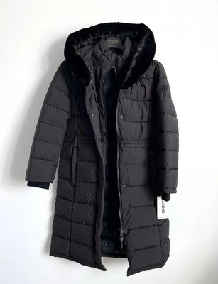 Dkny Womens Faux Fur Trim Hooded Bibbed Puffer Coat Sz Medium Black $350 - Image 1 of 4