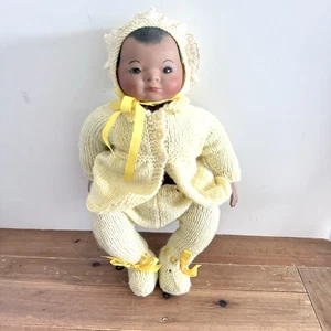 Handmade Baby Doll Dark Skin Yellow Knitted Outfit Soft Body Ceramic Head Hands - Bild 1 von 24