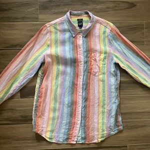 Gap Rainbow Shirt Linen Spearstripe Boyfriend Fit Size Medium - Picture 1 of 9