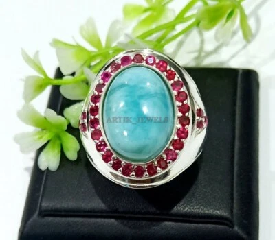 Larimar natural y rubí térmico con anillo de plata de ley 925 para hombre #1030 Foto 1 de 4