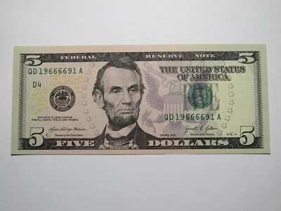 $5 2021 Fancy Radar Serial Number Federal Reserve Currency Bank Note Bill UNC++ - Image 1 of 2