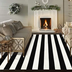 Black and White Striped Rug 5' 7" x 7' 7" Washable Large Patio Rug Cotton Han... - Picture 1 of 9