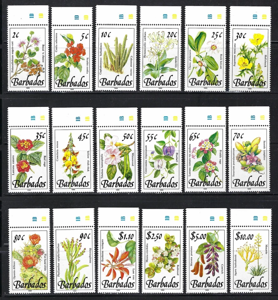 Conjunto de estampillas de Barbados SG 890-905 sc 753-768 plantas silvestres emisión 1989 MNH Foto 1 de 1