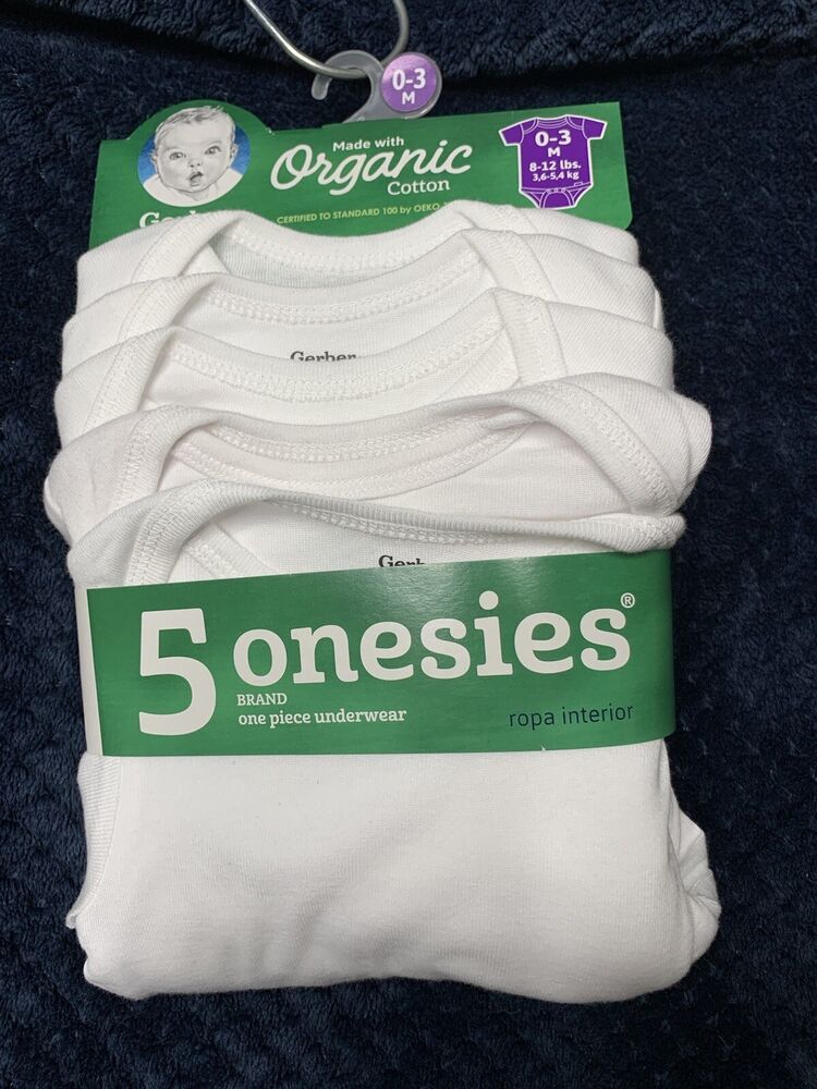 Gerber Onesies Brand 5-Pack Organic Cotton Short Sleeve Bodysuits White 0-3M NEW