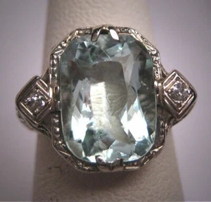 15CT Vintage Aquamarine & CZ Estate Art Deco Antique Wedding 1920 Ring 925 SS - Picture 1 of 5