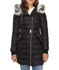 French Connection Womens Black Quilted Coat With Faux Fur Trim Hood Sz L B8104