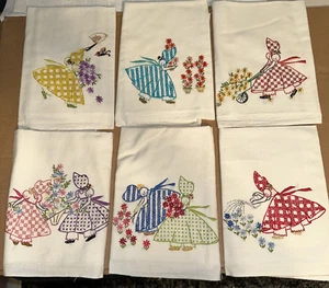 6 vtge Dish Towels each 38" x 20" Embroidery X-stitch Girls Garden Flowers Linen - Picture 1 of 11