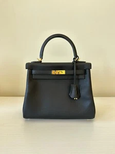 AUTHENTIC HERMES BLACK RETOURNE BIRKIN 25 BAG KELLY TOTE GOLD - Picture 1 of 9