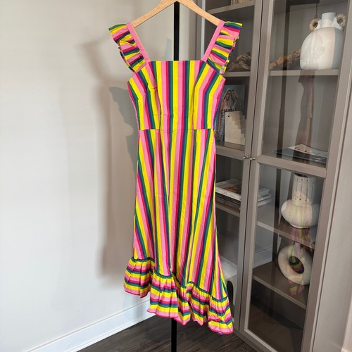 VALENTINO Abito midi asimmetrico Staud Valentina multicolore righe popeline bordo con volant 2