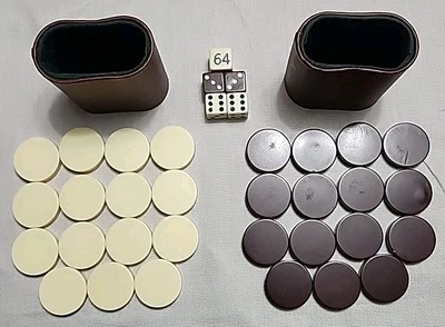 VTG Used Backgammon Piece 30 Chips 5 Dice 2 Cups Complete Brown&Creme NO BOARD  - Image 1 of 4