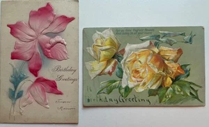 2 Floral Birthday Postcards Yellow Rose Pink Primrose Embossed Early 1900s Stamp - Picture 1 of 4