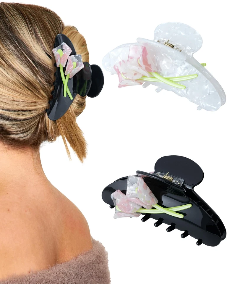 Упаковка из 2 акриловых когтей для волос с цветком тюльпана, нелипкие 4,1 дюйма большие заколки для волос... - Изображение 1 из 4