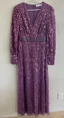 $598 Mac Duggal Womens Purple Sequin  Embellished Evening Dress Gown Vneck 10 - Image 1 of 4