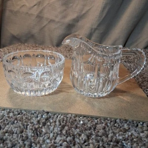 Vintage Cut Glass Clear Crystal Creamer & Sugar Bowl Set Diamond Sunburst Column - Picture 1 of 13