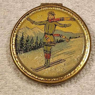 Raro polvo de maquillaje compacto Art Deco esquí en nieve Alpes franceses o suizos años 20/30  Foto 1 de 4
