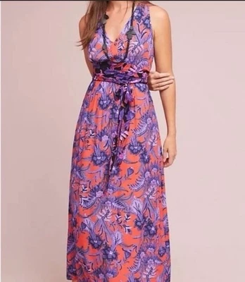 Maxi Vestido Para Mujer Maeve Anthropologie 0 Sin Mangas Floral Púrpura y Naranja Foto 1 de 4