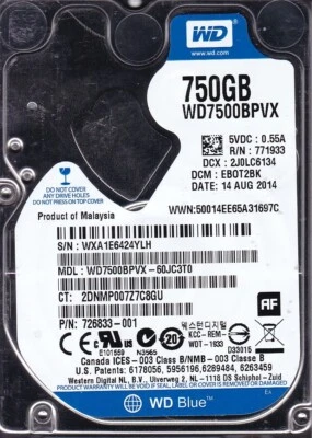 WD7500BPVX-60JC3T0 dcm: EB0T2BK AUG 2014 750GB SATA Malaysia 2.5 WESTERN DIGITAL - Image 1 of 3