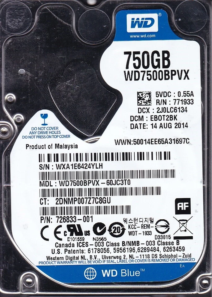WD7500BPVX-60JC3T0 dcm: EB0T2BK AUG 2014 750GB SATA Malaysia 2.5 WESTERN DIGITAL - Image 1 of 3