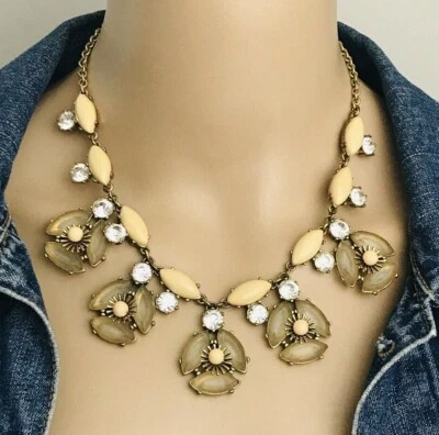 J Crew Beige Taupe Cabochon Rhinestone Antiqued Gold Tone Statement Necklace - Image 1 of 4