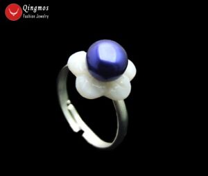 7-8mm Blue Natural Flat Pearl Ring for Women #8-#9 Opening Adjustable Ring rin37