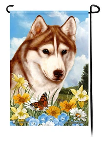 Summer Flowers Garden Flag - Brown-Eyed Red and White Siberian Husky - Picture 1 of 1
