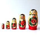 Hand Made In Russia Nesting Dolls Matryoshka 5 Piece Set Wooden Babushka Red