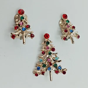 VTG Set Christmas Tree Brooch and Clip on Earrings Silver tone Multi Rhinestones - Picture 1 of 6