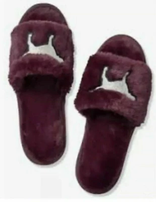 NUEVO CON ETIQUETAS PANTUFLAS VICTORIA'S SECRET ROSA TOBOGANES SUAVES PIEL CIRUELA PLATA LOGOTIPO PERRO GRANDE Foto 1 de 3