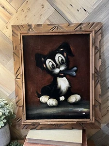 Vintage Framed Hand Painted Puppy Dog On Velvet - Picture 1 of 4
