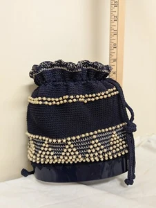 1950s Crocheted Navy Drawstring Handbag, Pristine Condition - Picture 1 of 3