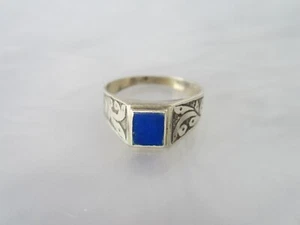 ANTIQUE CHASED SOLID STERLING SILVER GENUINE NATURAL LAPIS LAZULI SIGNET RING - Picture 1 of 14