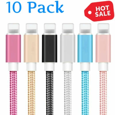 10-PACK 6FT Heavy Duty USB Braided Charger Cable Cord for Apple iPhone 7 8 Xs XR - Image 1 of 3