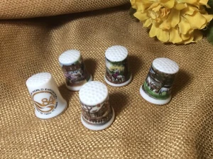 Vtg 5 Japan Porcelain Enamel Stencil Thimbles Gold Gilt Trim Sewing Collectibles - Picture 1 of 7