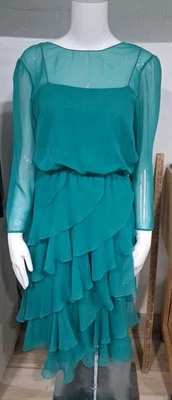Vtg 80s Emerald Green Chiffon Ruffle Cocktail Dress long Sleeve Size 8 FLAWS - Image 1 of 4