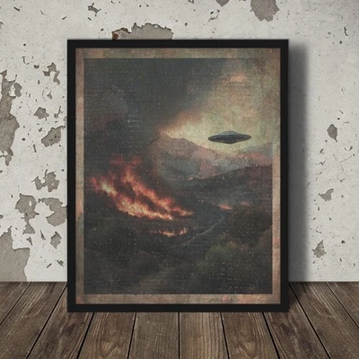 Vintage UFO FOREST FIRE Wall Art, UAP Nature Tree Sci-fi Alien Flame Print Decor - Image 1 of 4