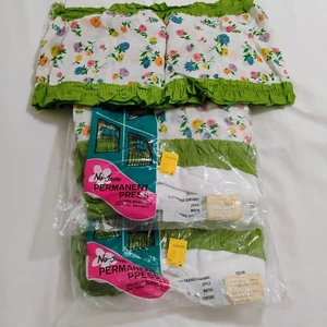 Vintage Curtains And Valance Set Floral With Lime Green Ruffle For 60 In Window - Picture 1 of 7